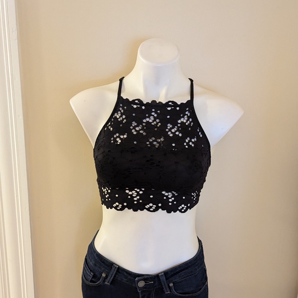 aerie black lace high neck bralette size Small